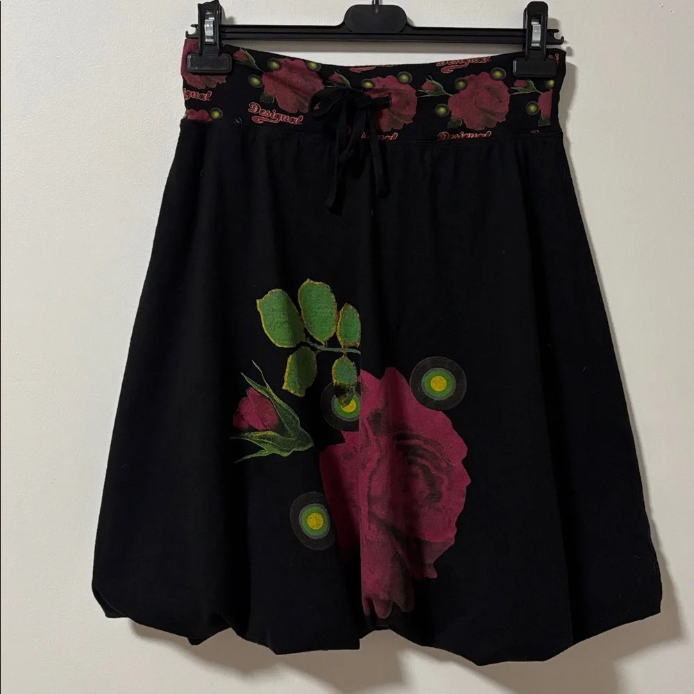 DESIGUAL (M) Balloon Floral Skirt Above Knee Elastic Waist Tie Soft Black - Picture 2 of 13